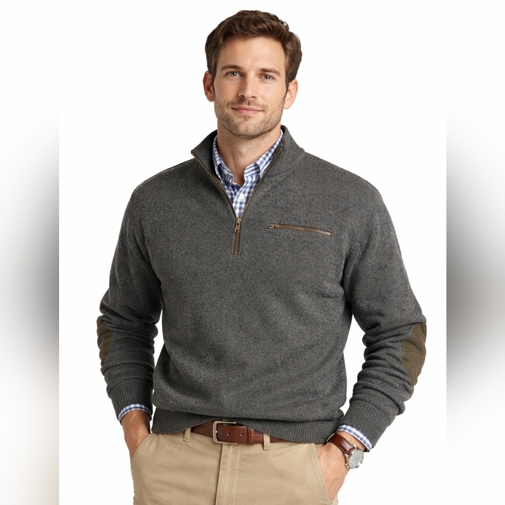 Cabelas‎ Wool Mock Neck Sweater Elbow Patch 1/2 Zip Windstopper Men's Large Tall